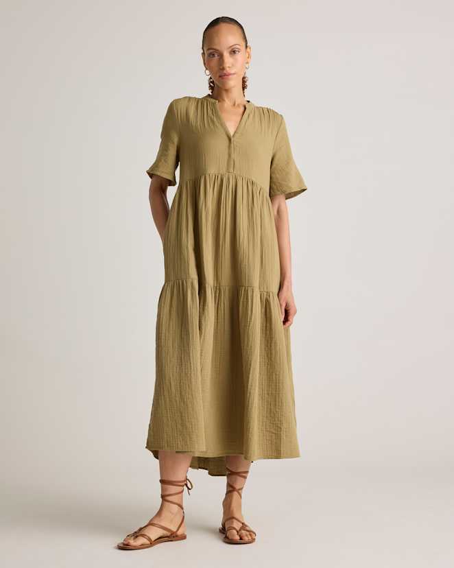 Artichoke 100% Organic Cotton Gauze Split Neck Midi Dress