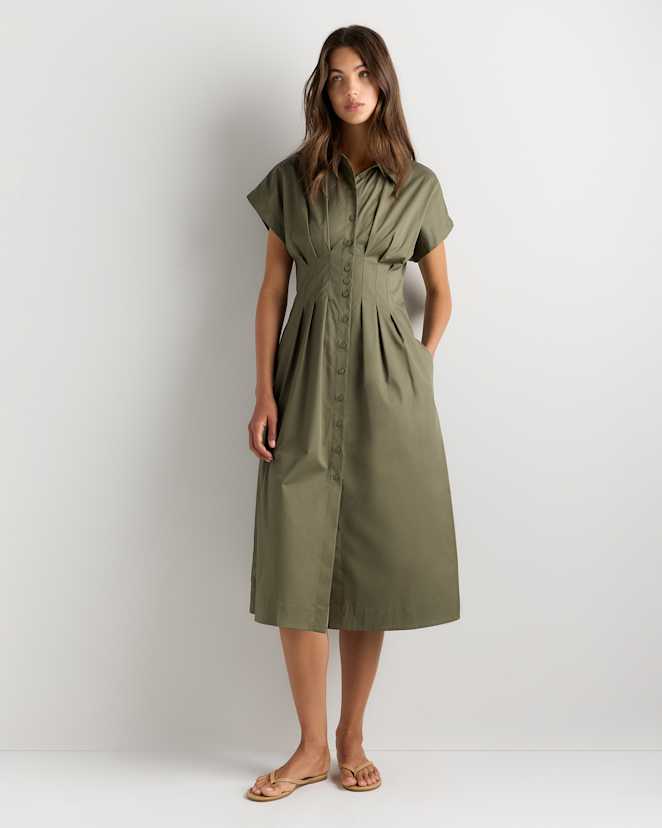Bayberry Olive Stretch Twill Pleated Midi Shirt Dress
