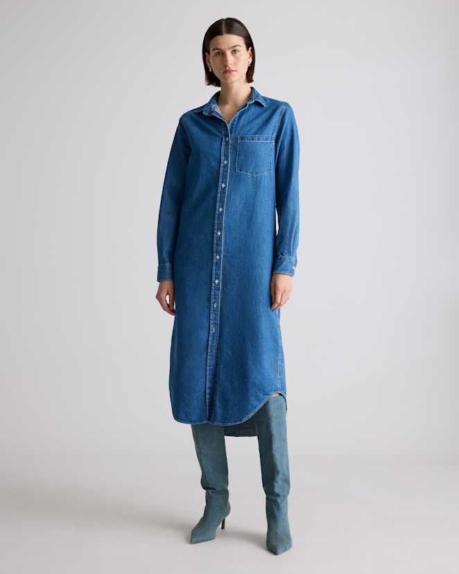 Medium Indigo Distressed Denim Maxi Shirt Dress