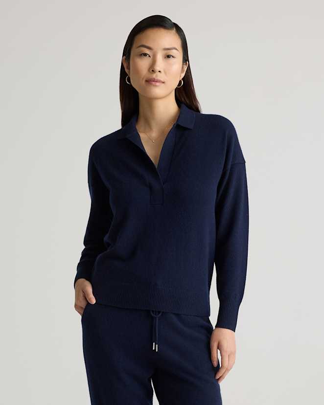 True Navy Mongolian Cashmere Polo Sweater