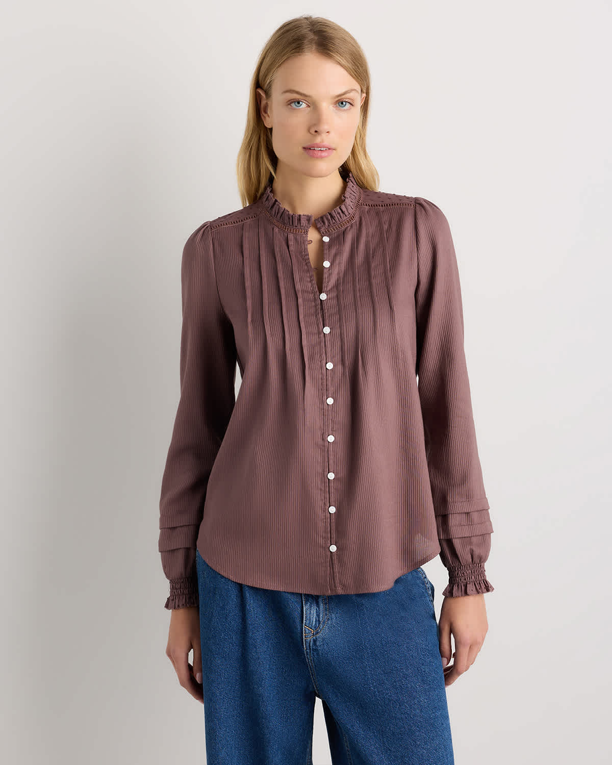 taupe-brown Organic Textured Cotton Peasant Blouse
