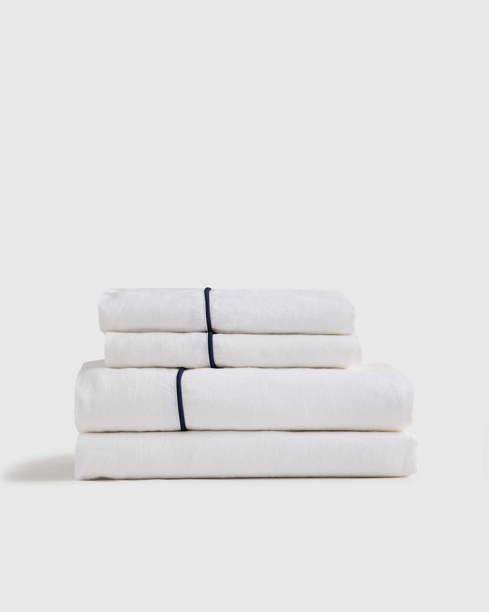 white/navy European Linen Piped Sheet Set
