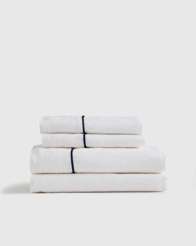 White/Navy European Linen Piped Sheet Set