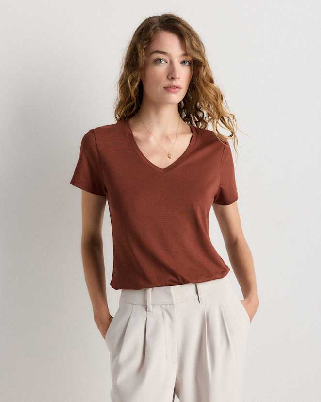 Redwood Brown Cotton Modal V-Neck Tee
