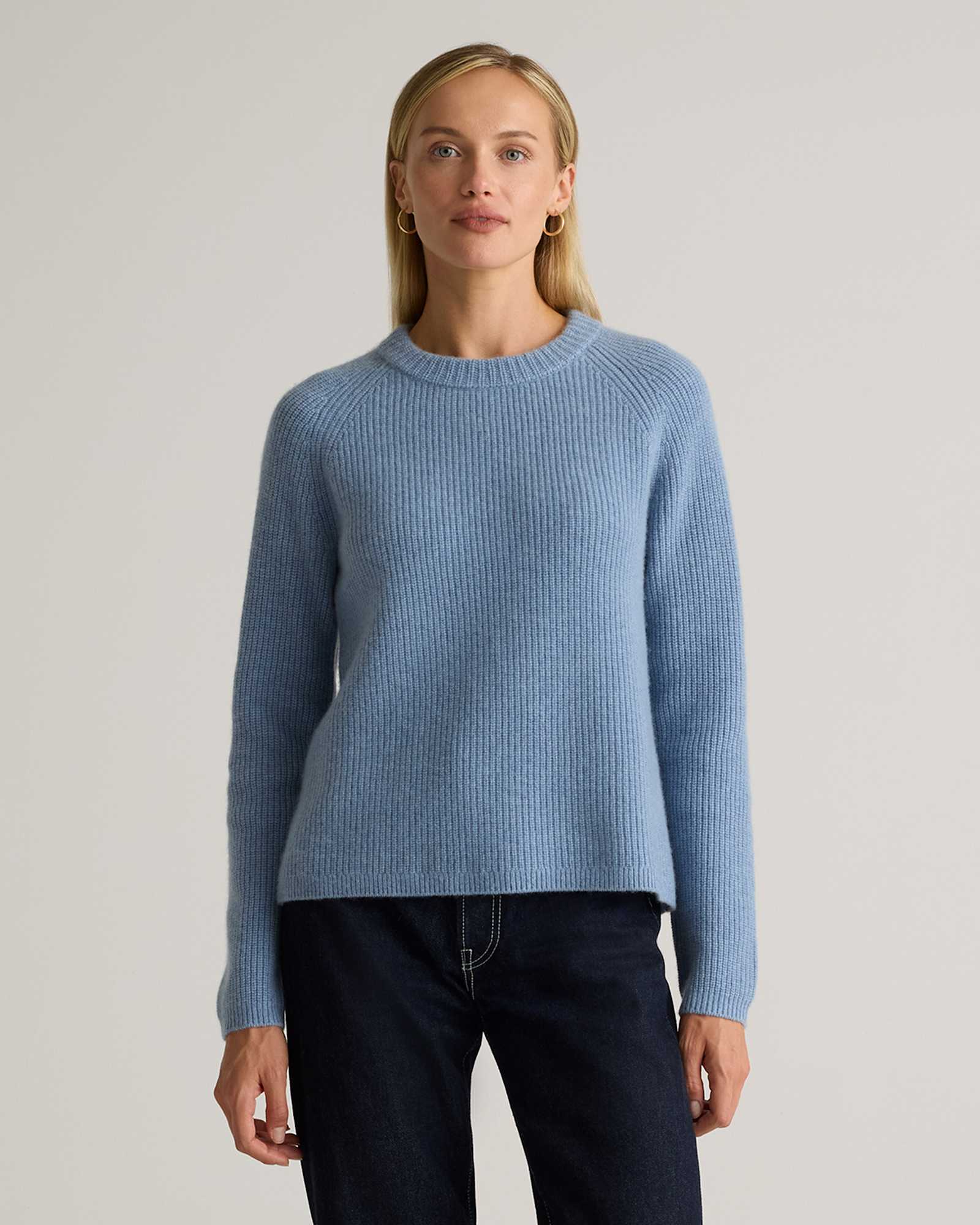 Faded Denim Mongolian Cashmere Fisherman Crewneck Sweater