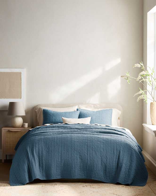 Glacier Blue European Linen Cotton Stitch Quilt Set