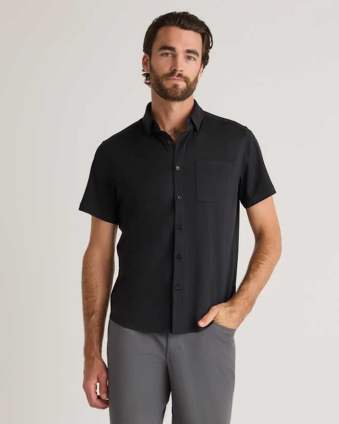 Black Commuter Stretch Pique Short Sleeve Button Down