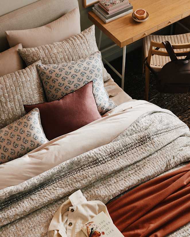 Natural Piped Block Print Cotton Pillow Cover