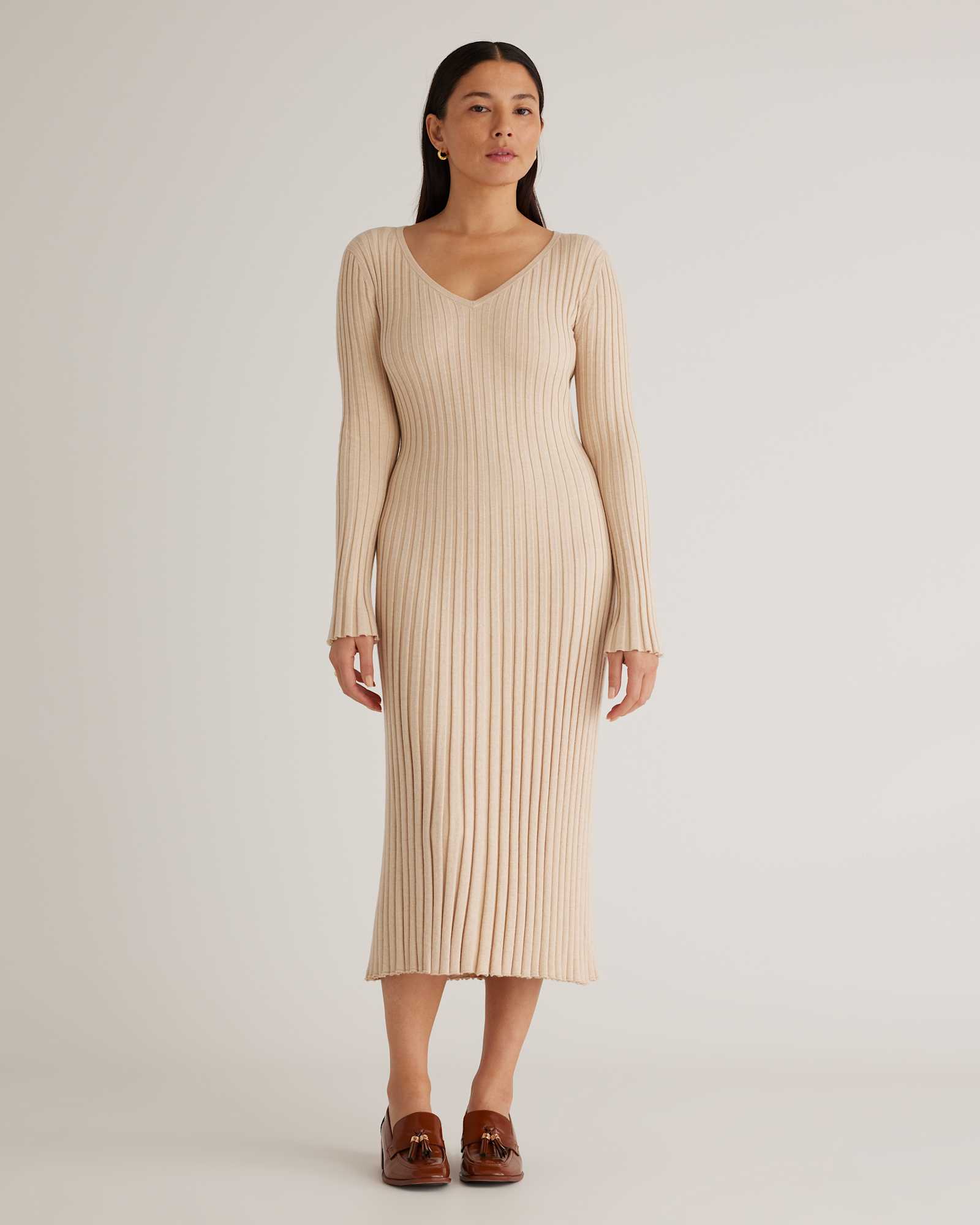 W-DRS-123-HOTML 0678 heather-oatmeal Cotton Cashmere Ribbed Long Sleeve V-Neck Midi Dress