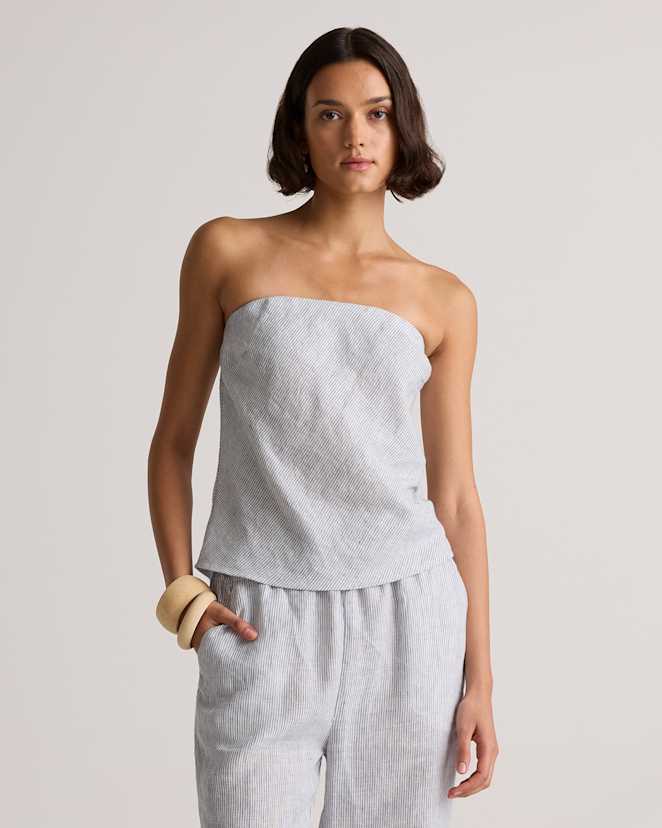 Blue Pinstripe 100% European Linen Strapless Top