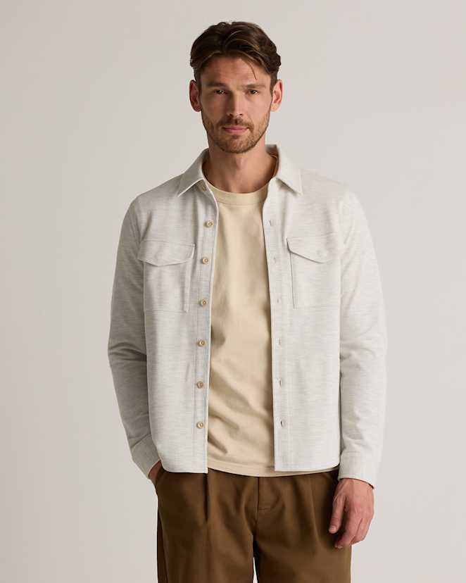 Heather White Cotton Pique Knit Overshirt