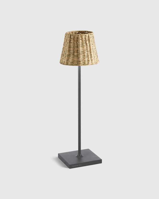 Dark Grey Poldina Pro Rechargeable Table Lamp with Seagrass Shade by Zafferano
