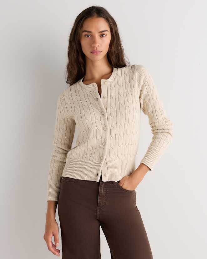 Speckled Beige 100% Organic Cotton Cable Crew Cardigan