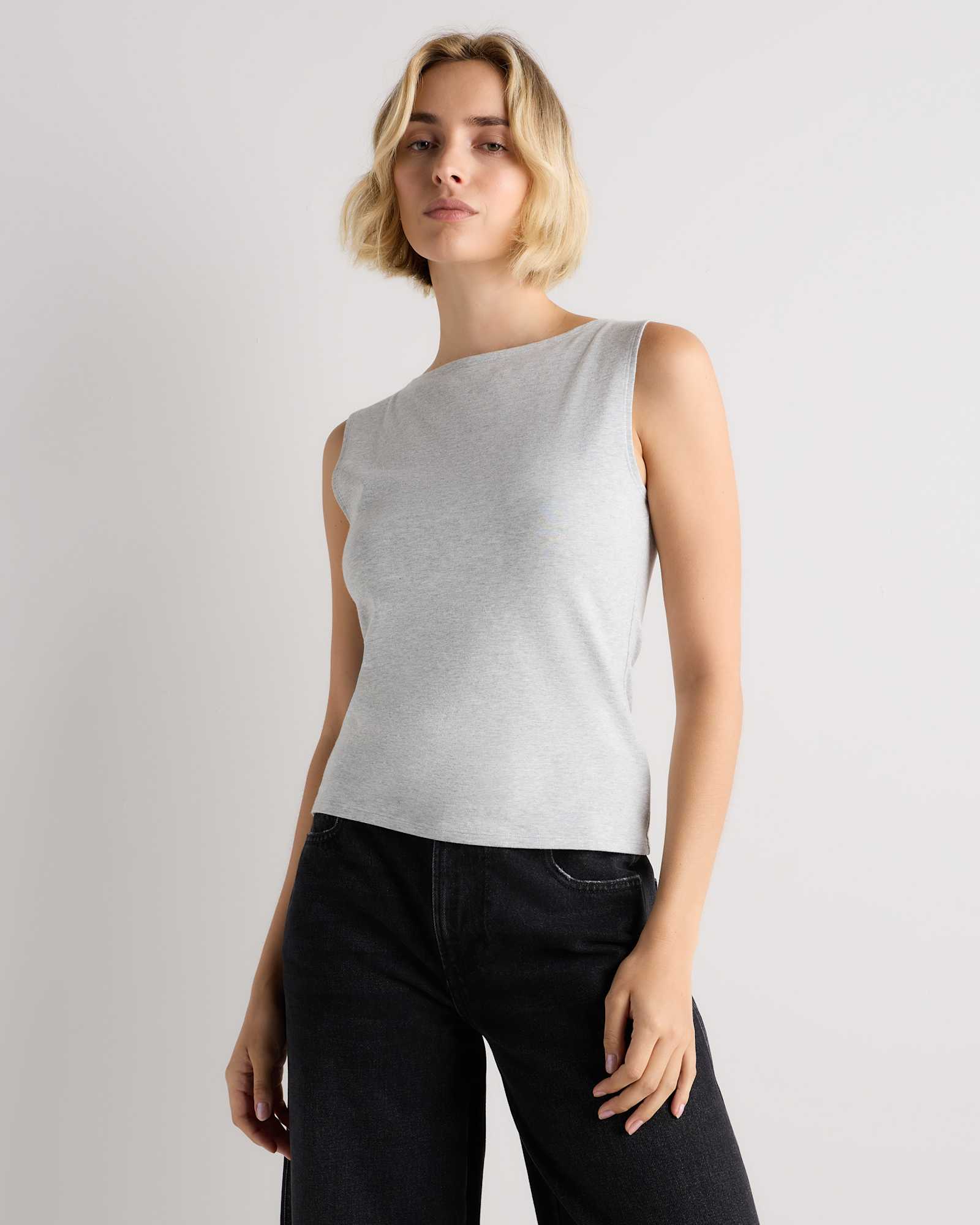 Heather Grey Stretch Cotton Jersey Boat Neck Tank