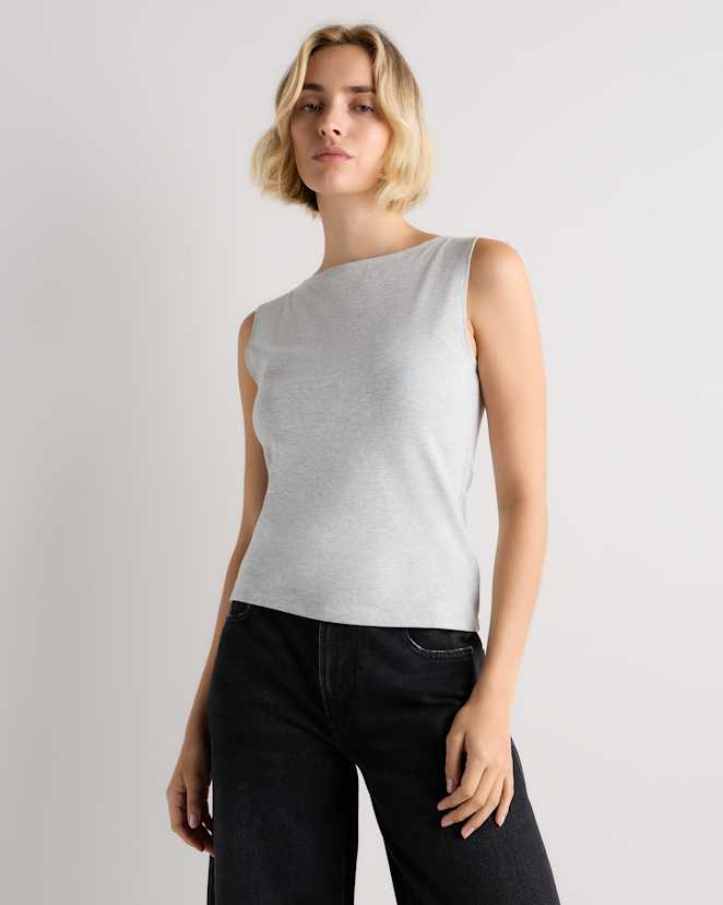 Heather Grey Stretch Cotton Jersey Boat Neck Tank