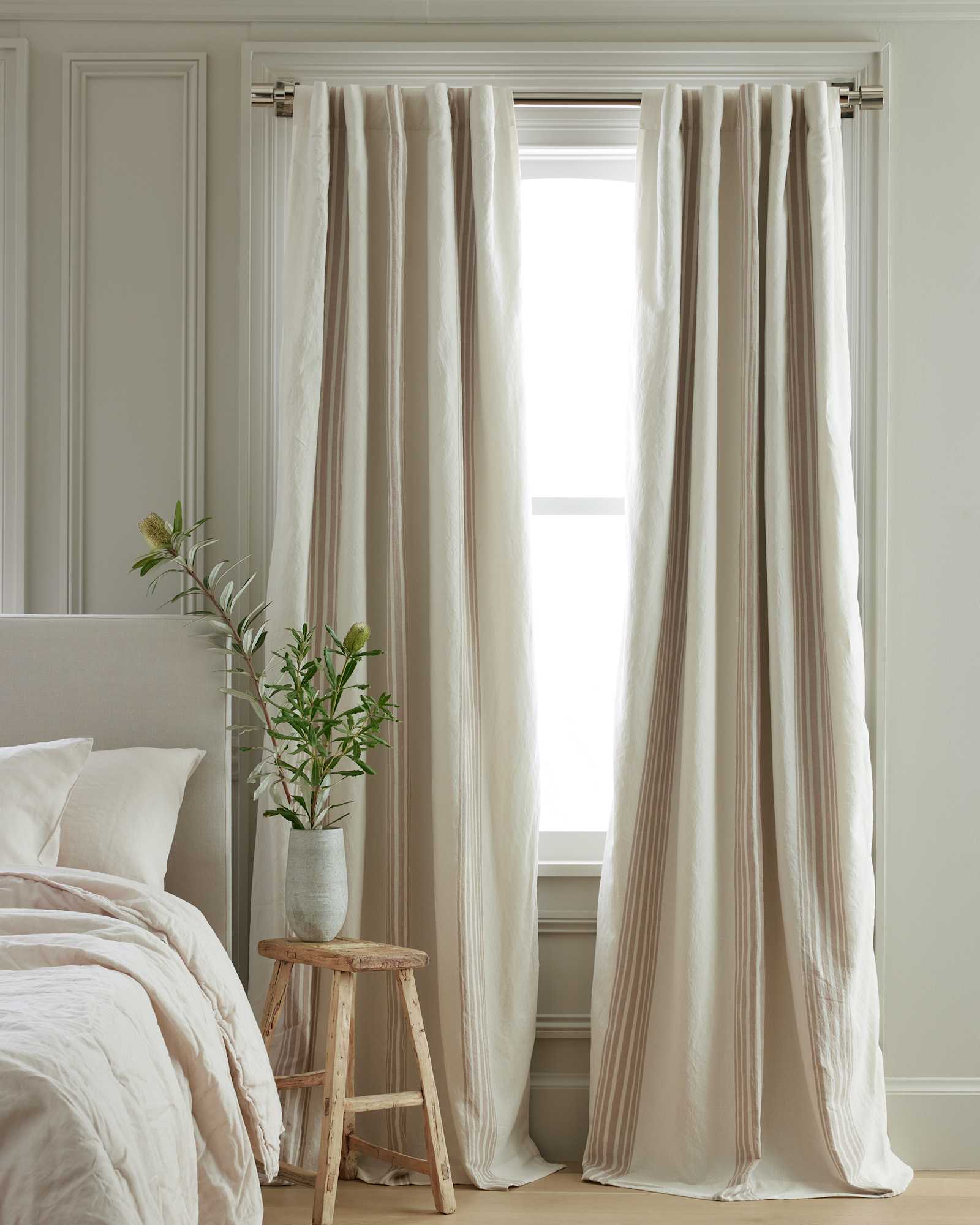 Ivory/Natural Coastal Stripe Linen Cotton Room Darkening Curtain - Single Panel