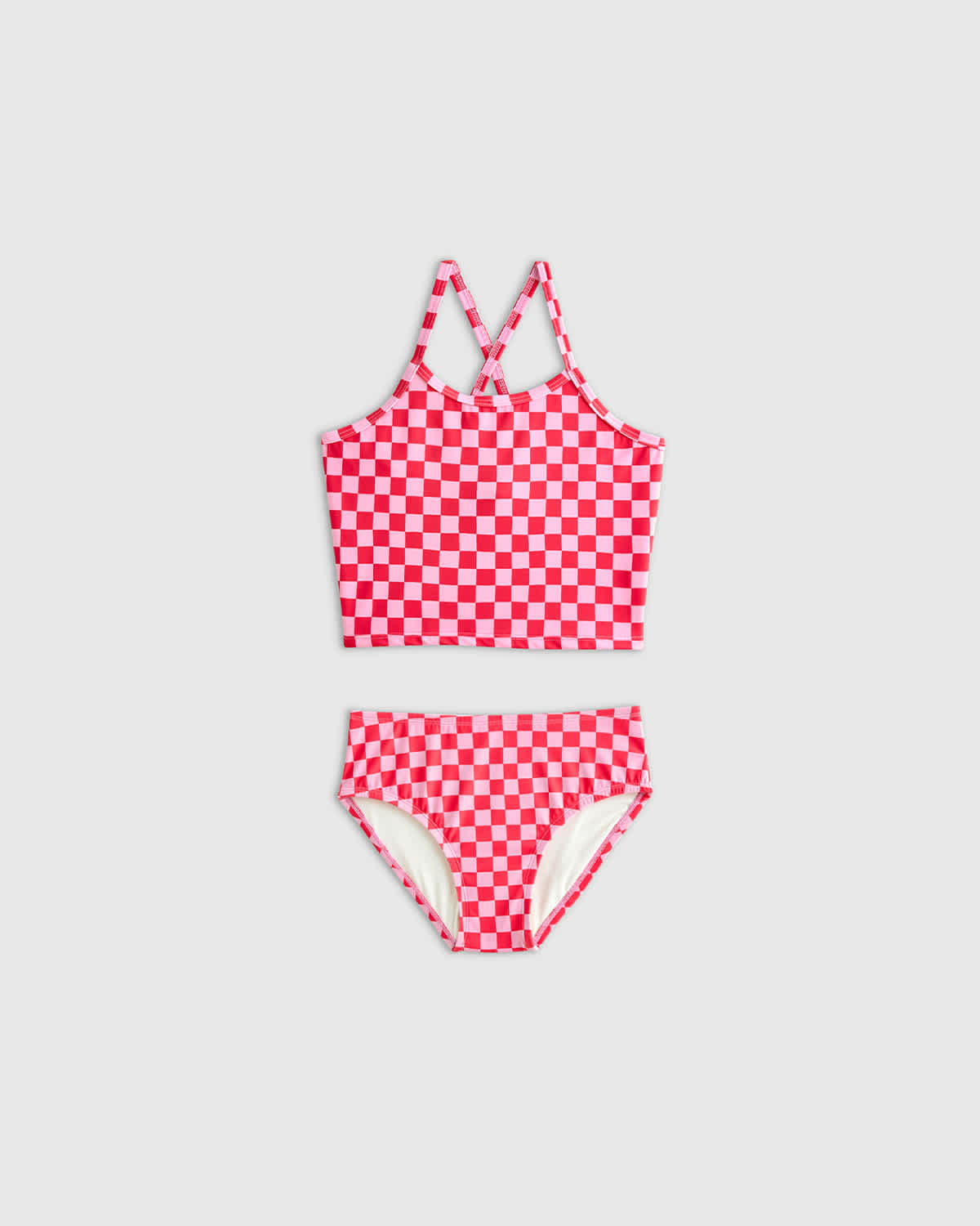 pink-check Tankini Swimsuit