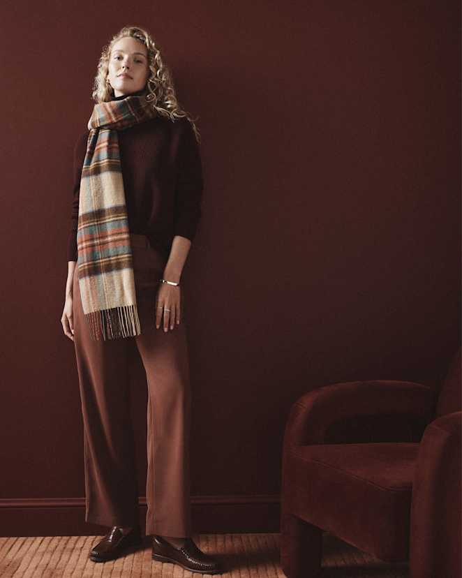 Oatmeal/Red Tartan Mongolian Cashmere Tartan Scarf