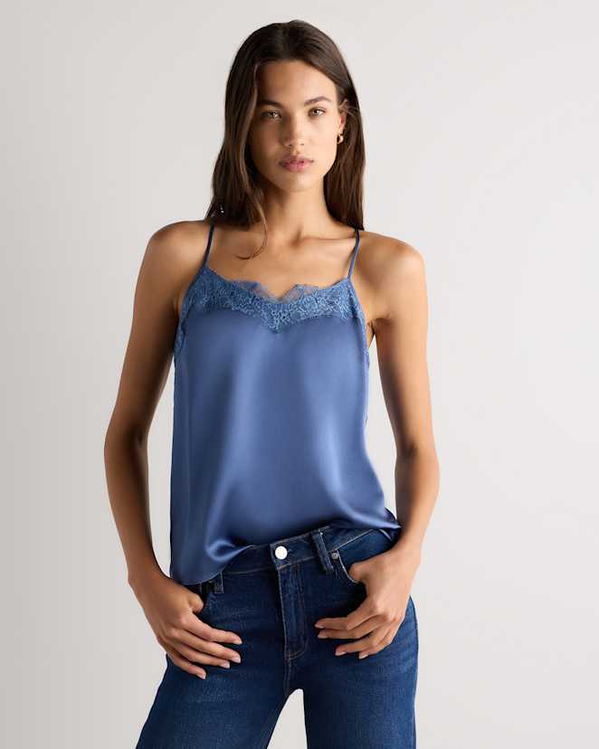 Moonstone Blue Camisole 100 % soie lavable à garniture en dentelle