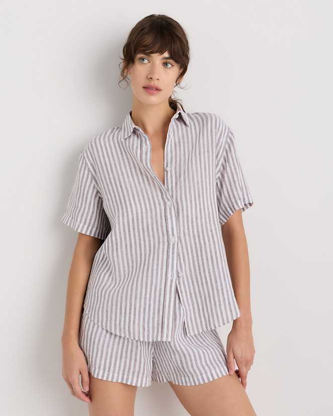 Taupe Brown Mariner Stripe 100% European Linen Shorts Pajama Set
