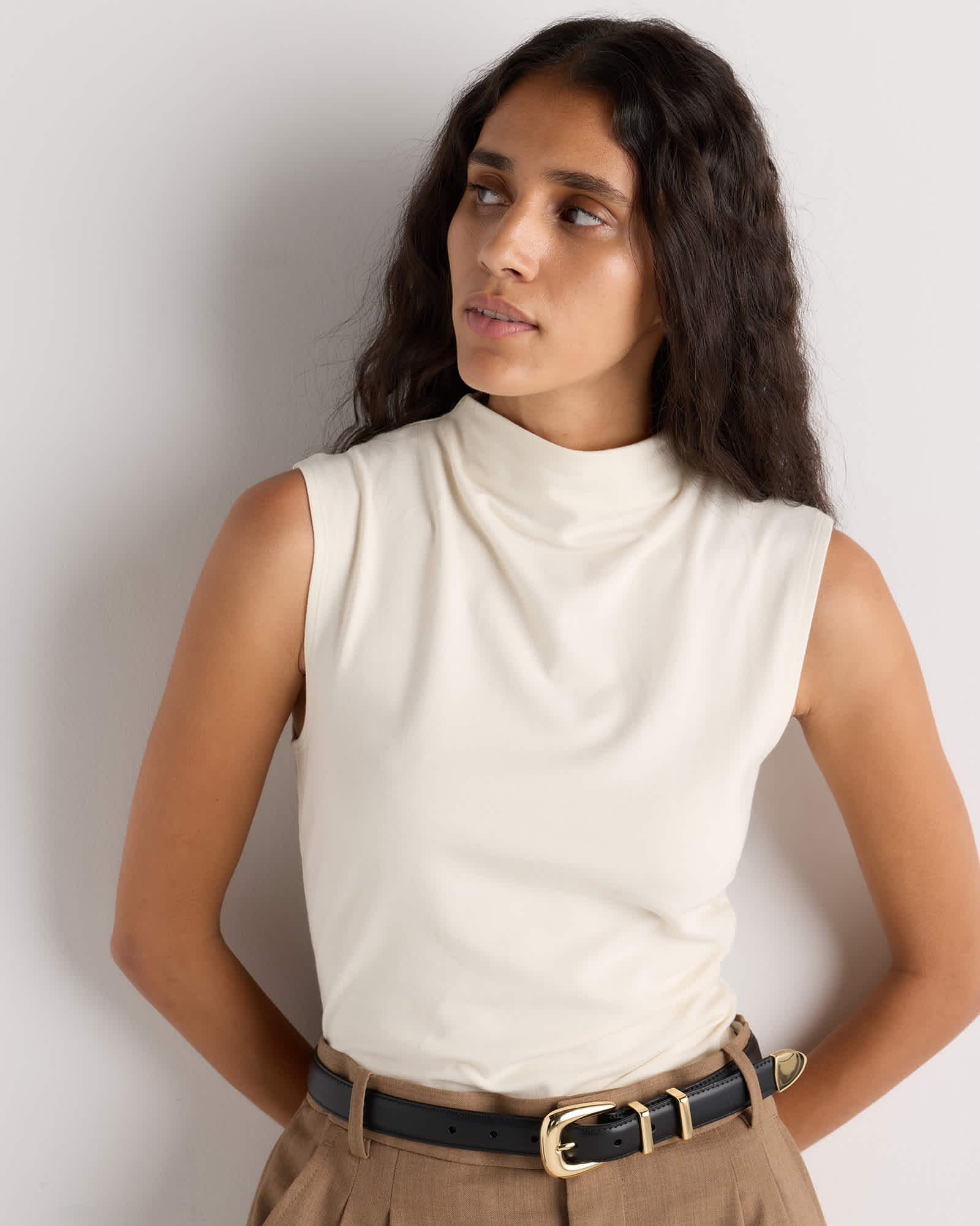 Linen White Stretch Cotton Jersey Sleeveless Mock Neck Top