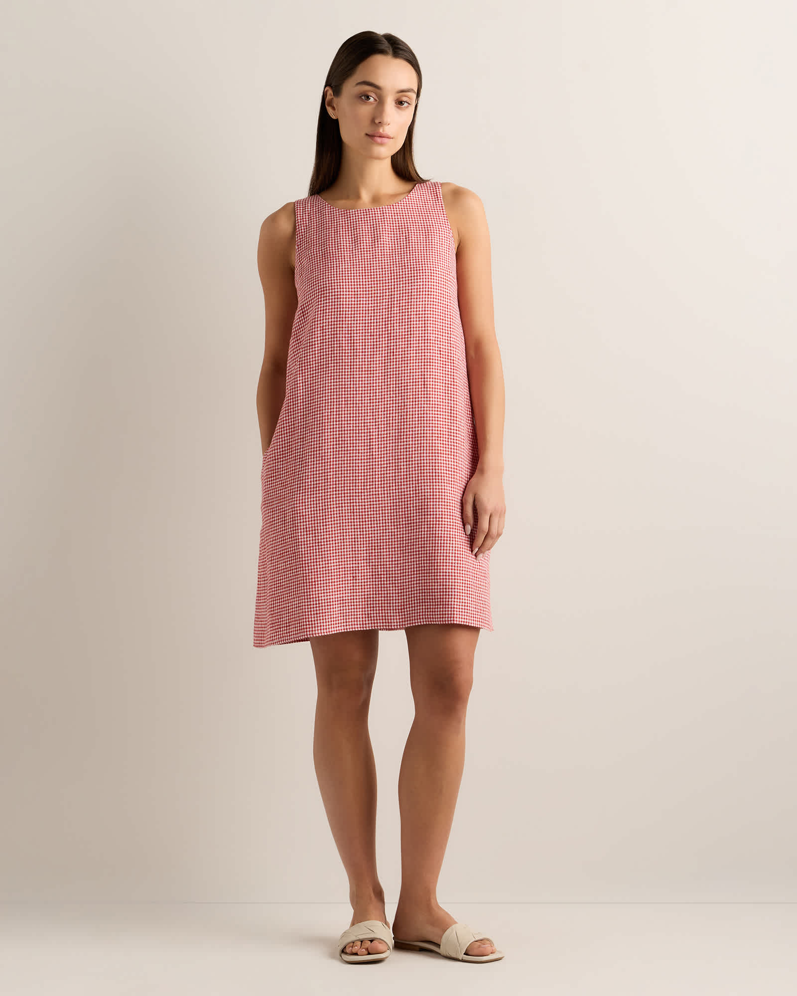 Red Classic Mini Gingham 100% European Linen Tank Mini Dress