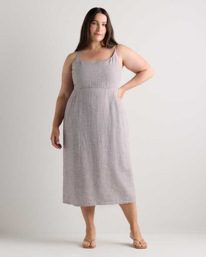 Taupe Brown Gingham 100% European Linen Scoop Neck Midi Dress