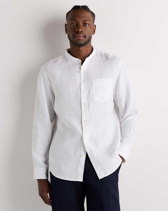 White 100% European Linen Relaxed Band Collar Shirt