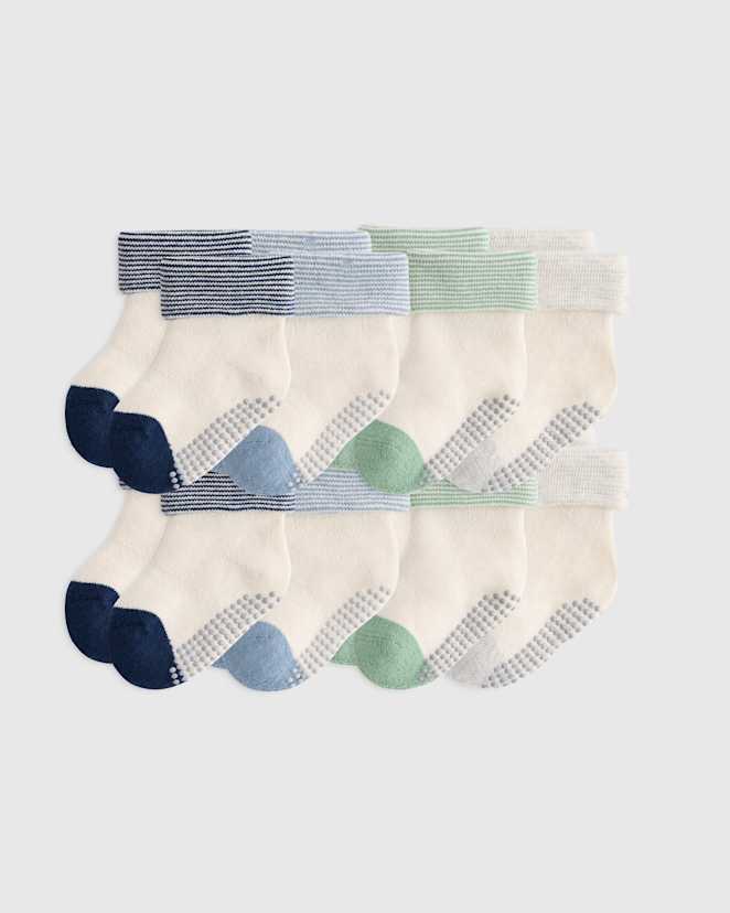 Blue Multi Organic Cotton Gripper Fold Over Socks 8-Pack