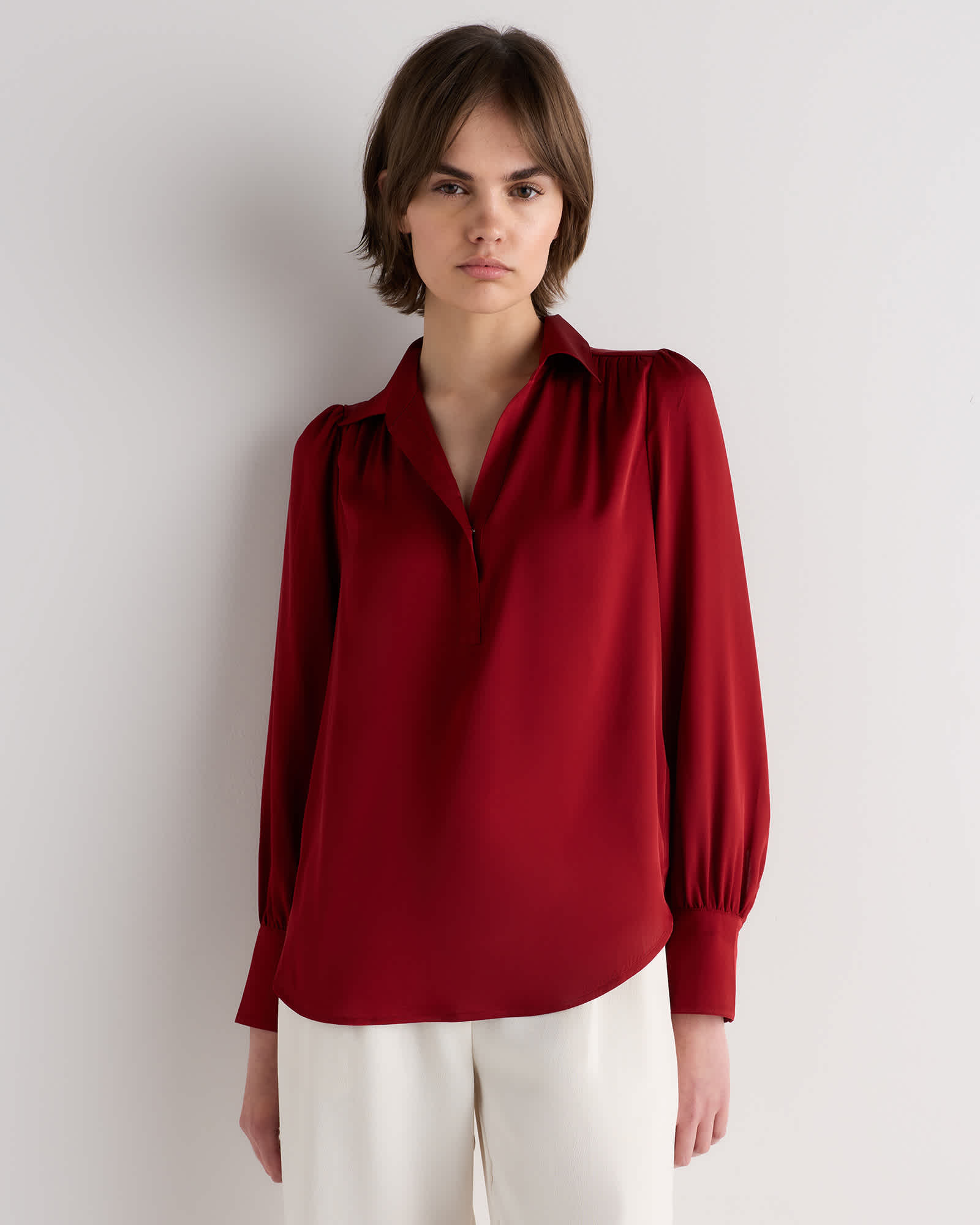 Clay Red Washable Stretch Silk Split Neck Blouse
