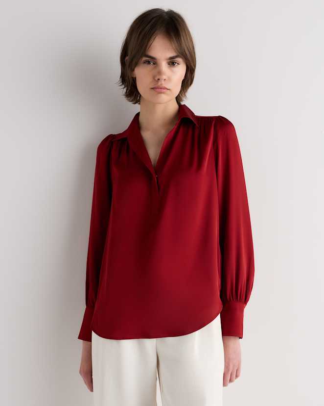 Clay Red Washable Stretch Silk Split Neck Blouse