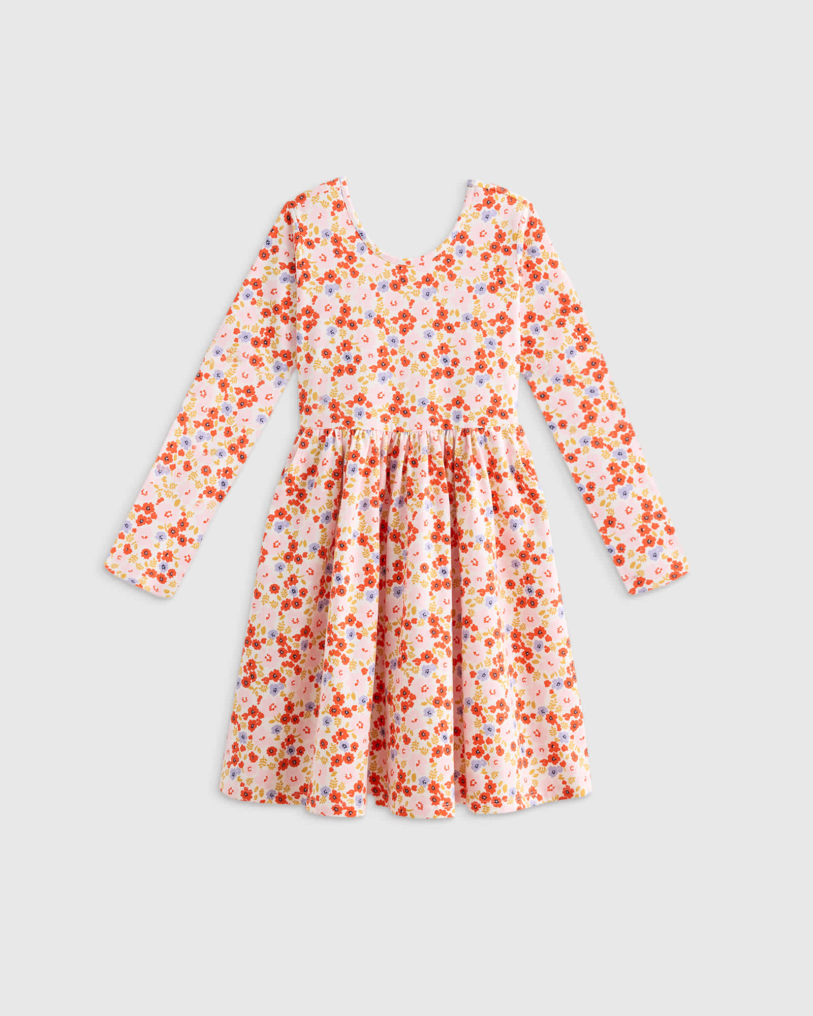 TODDLER-PNK POPPY FLRL-125 EDITED Toddler flower-buds Organic Cotton Long Sleeve Skater Dress