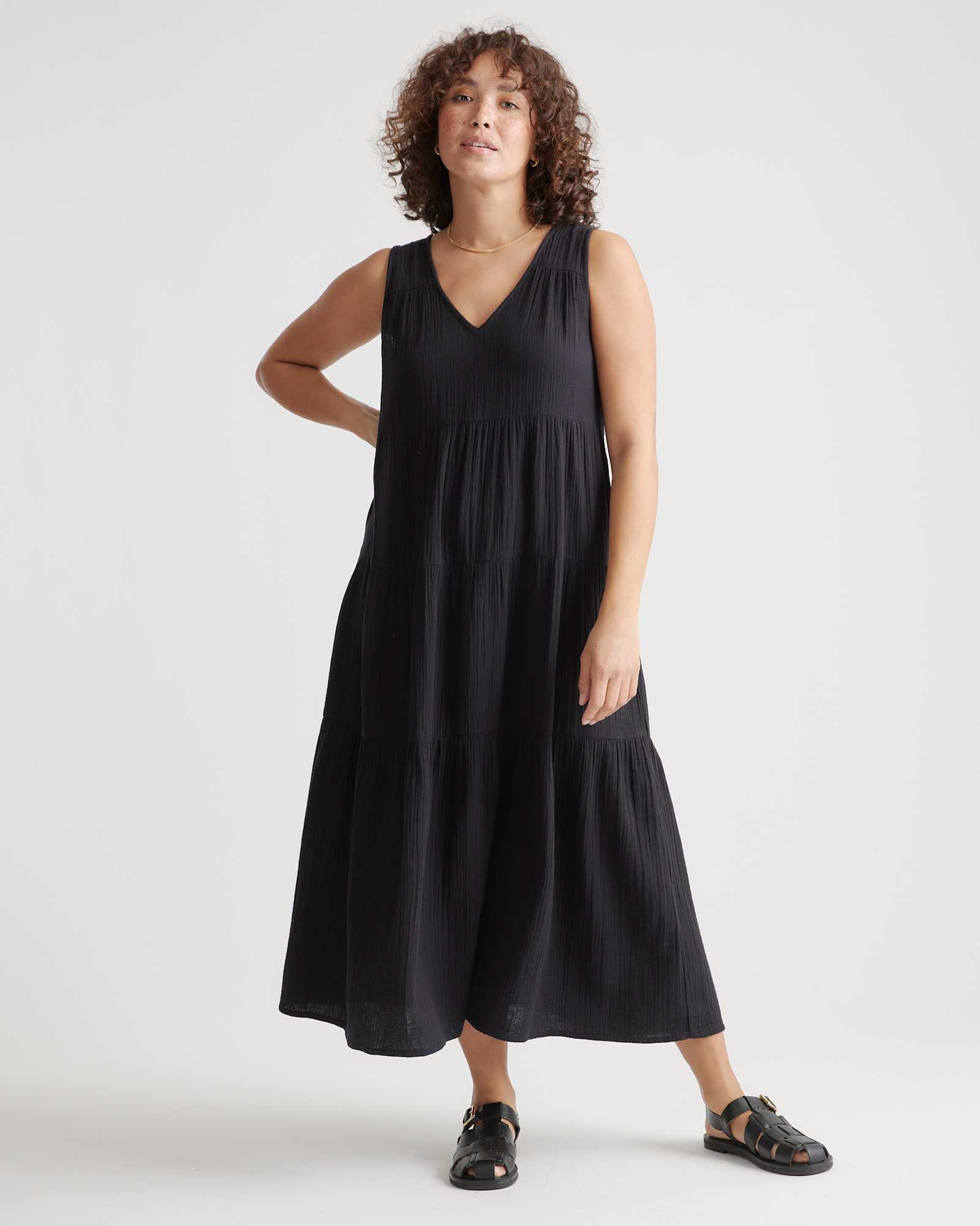 black 100% Organic Cotton Gauze Tiered Maxi Dress