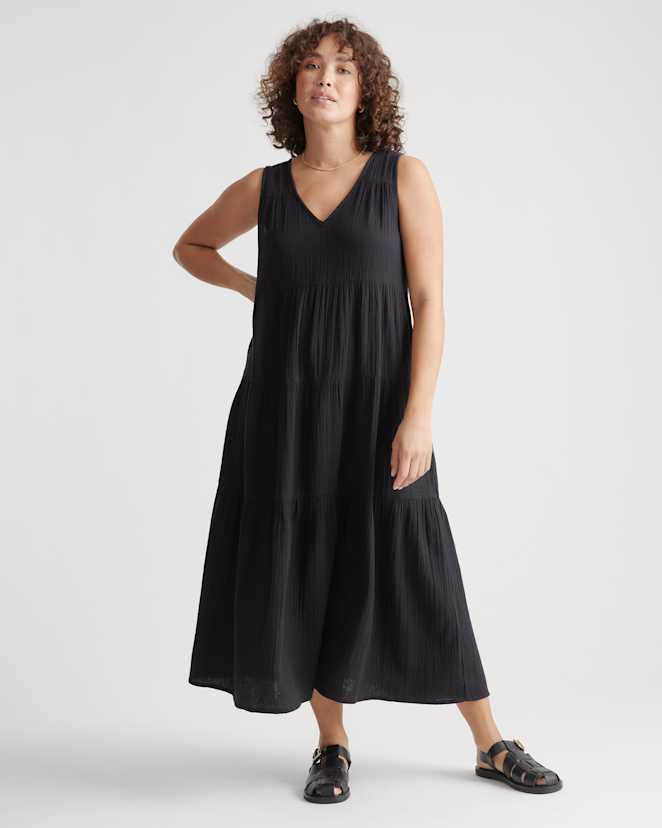 Black 100% Organic Cotton Gauze Tiered Maxi Dress