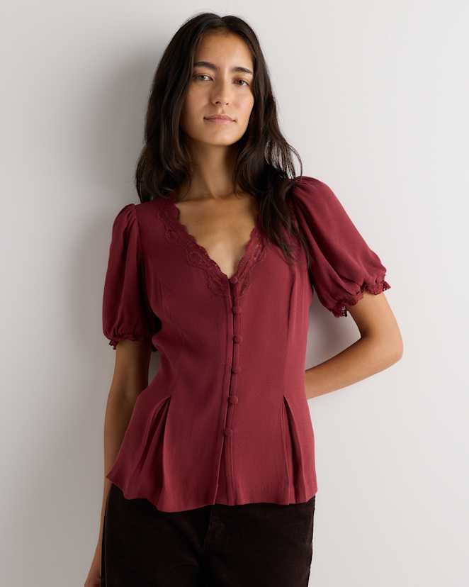 Maroon Lightweight Crepe Lace Puff Sleeve Blouse