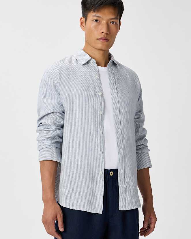 Blue Pinstripe 100% European Linen Relaxed Long Sleeve Shirt