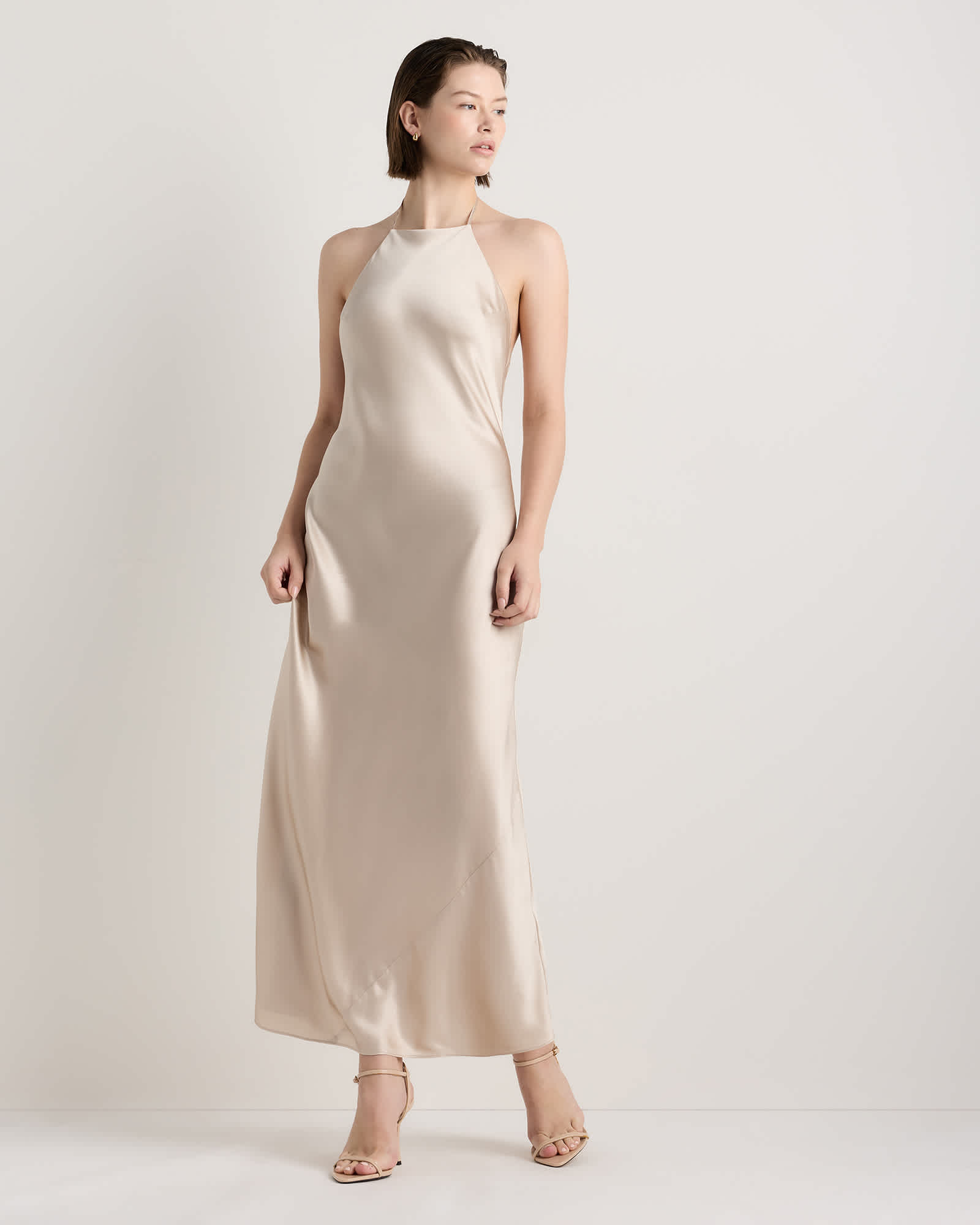 Champagne 100% Washable Silk Halter Maxi Dress