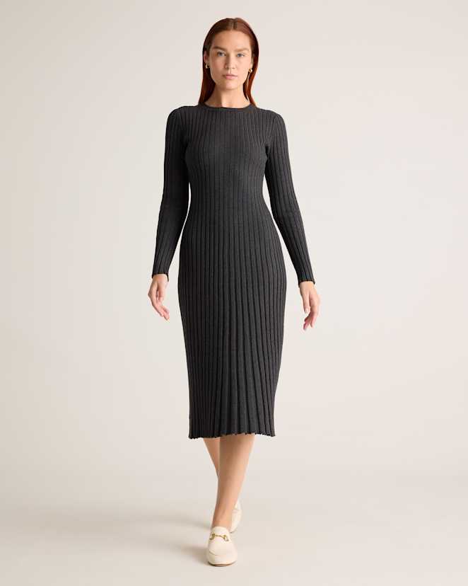 Heather Charcoal Cotton Cashmere Ribbed Long Sleeve Crew Midi Dress