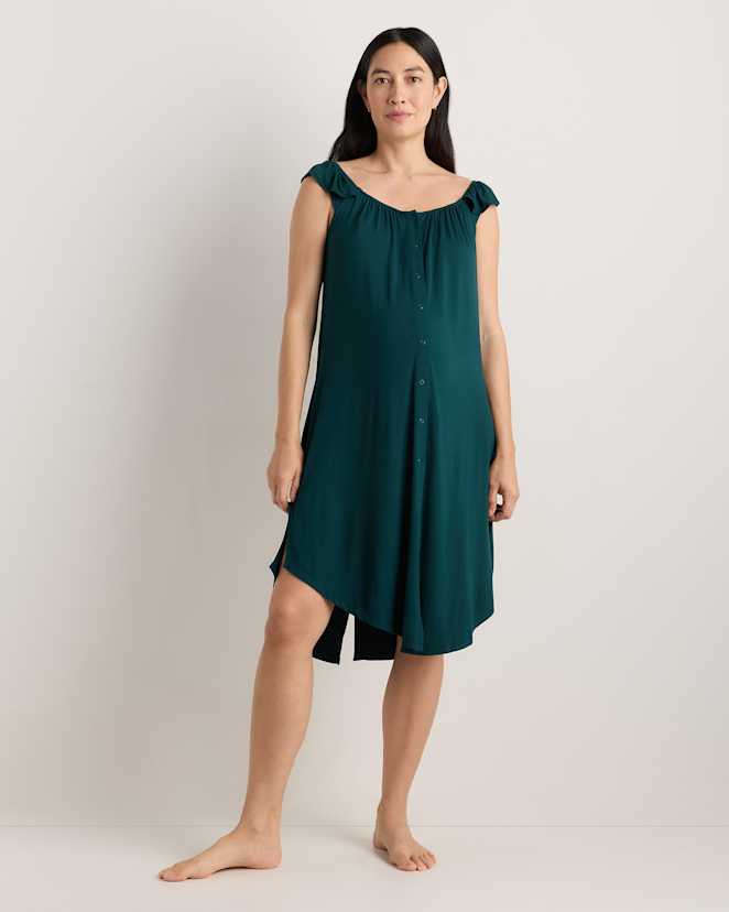 Nocturnal Green Bamboo Jersey Flutter Sleeve Labor and Delivery Gown