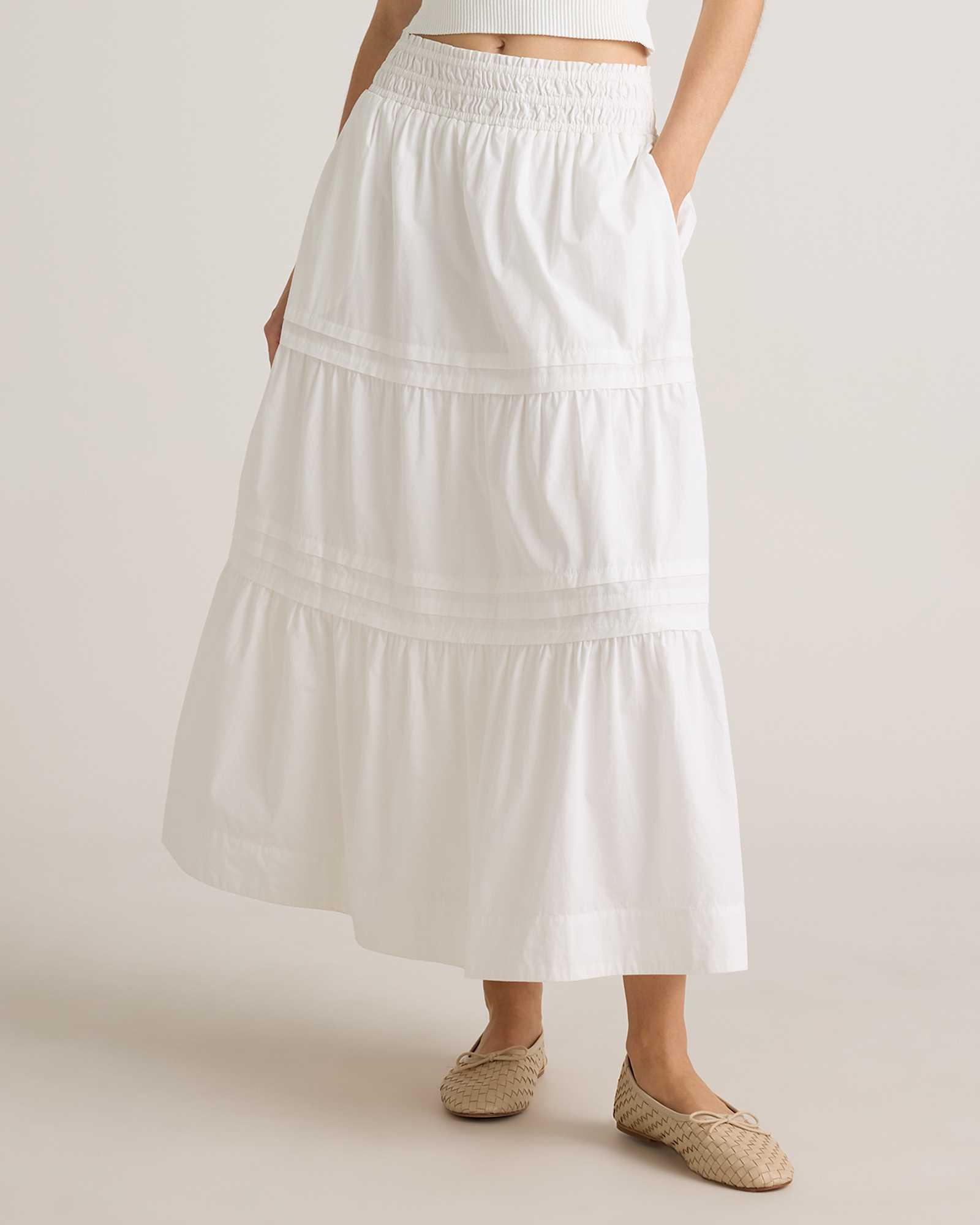 classic-white 100% Organic Cotton Poplin Tiered Maxi Skirt