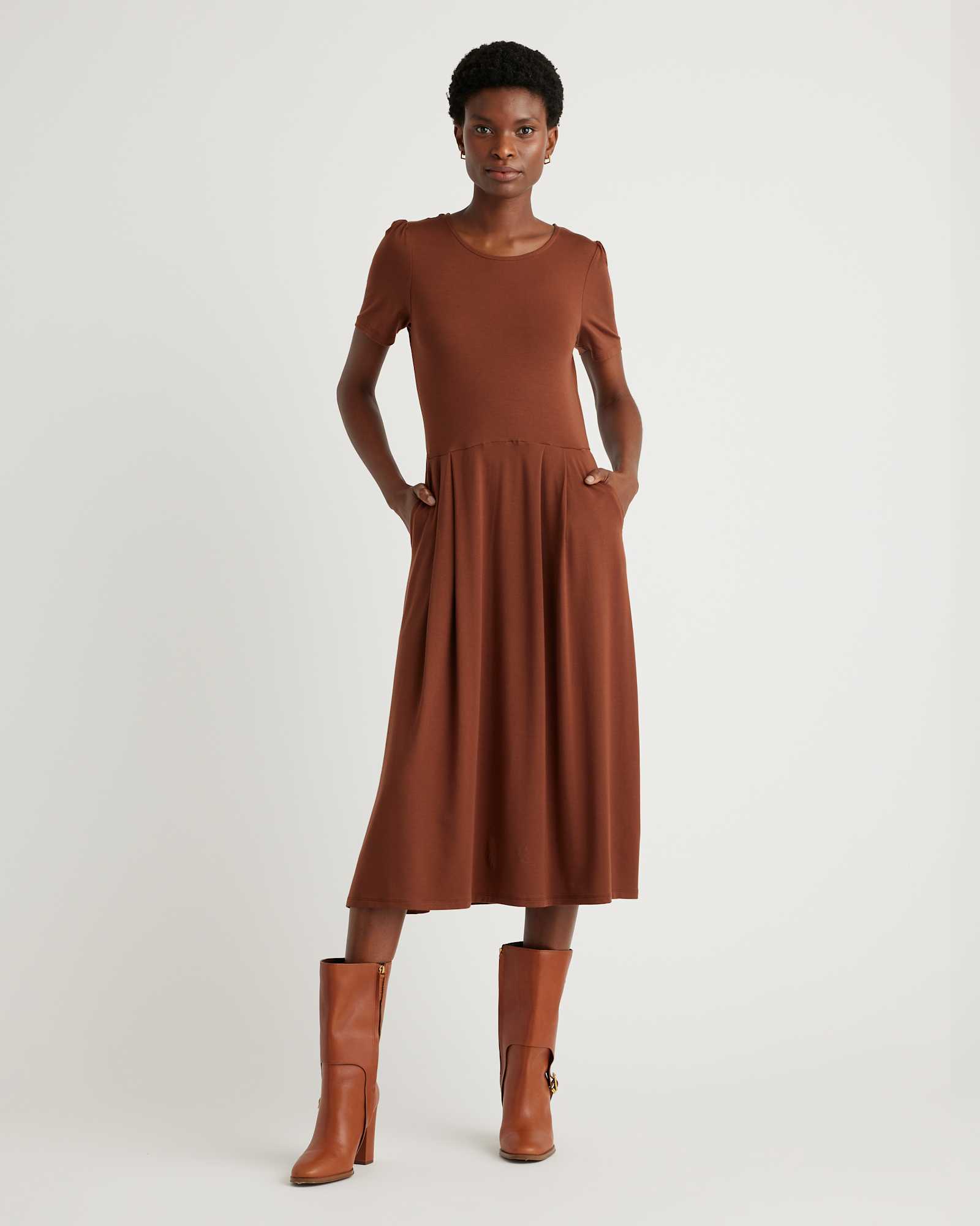 Brown Tencel Jersey Short Sleeve Midi Dress