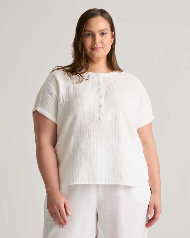 White 100% Organic Cotton Gauze Roll Sleeve Shirt