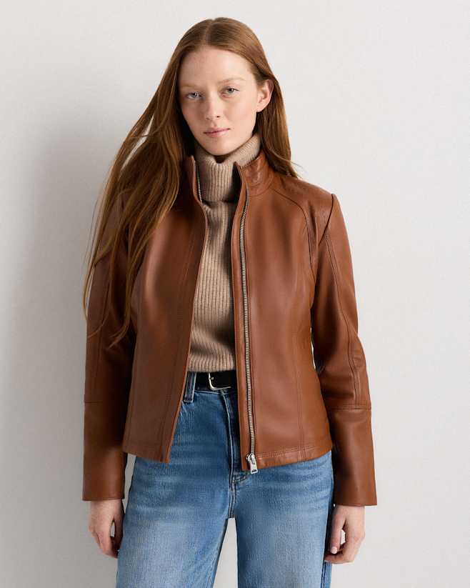 Dark Cognac Brown 100% Leather Stand-Collar Jacket