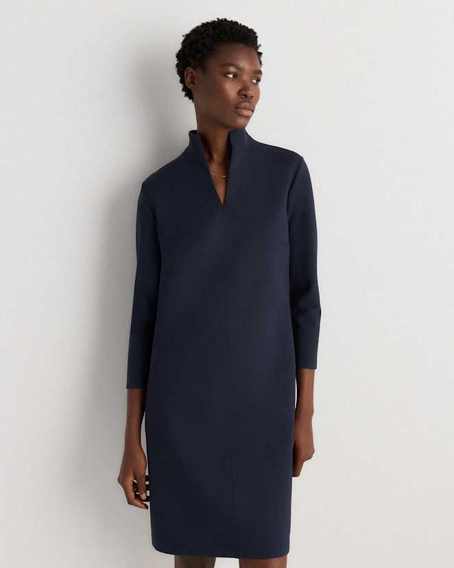 Navy Ultra-Stretch Ponte Split Neck Mini Dress