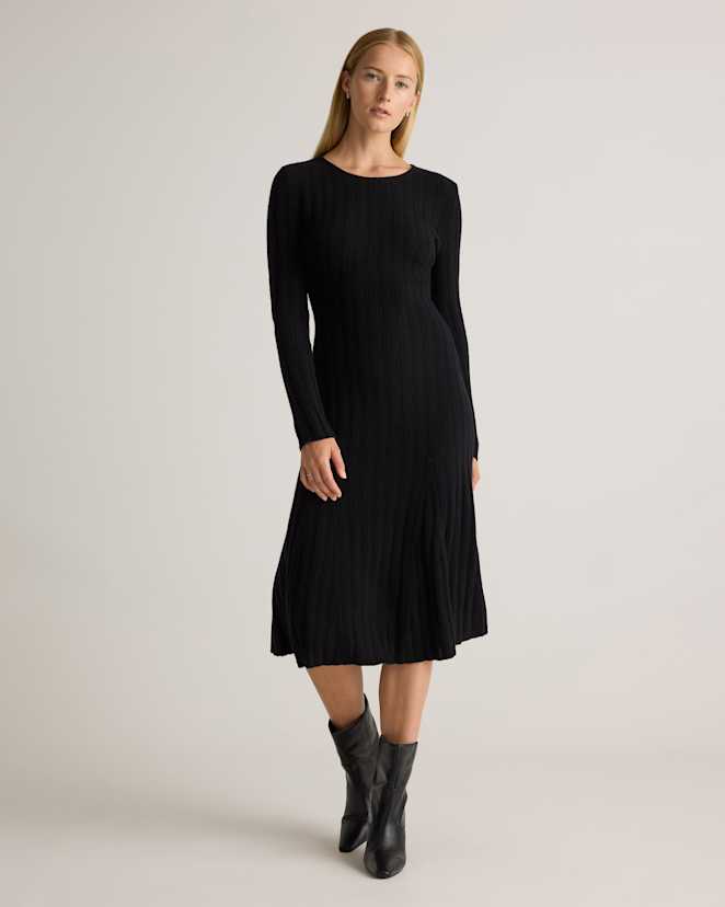 Black Mongolian Cashmere Wide-Rib Midi Dress