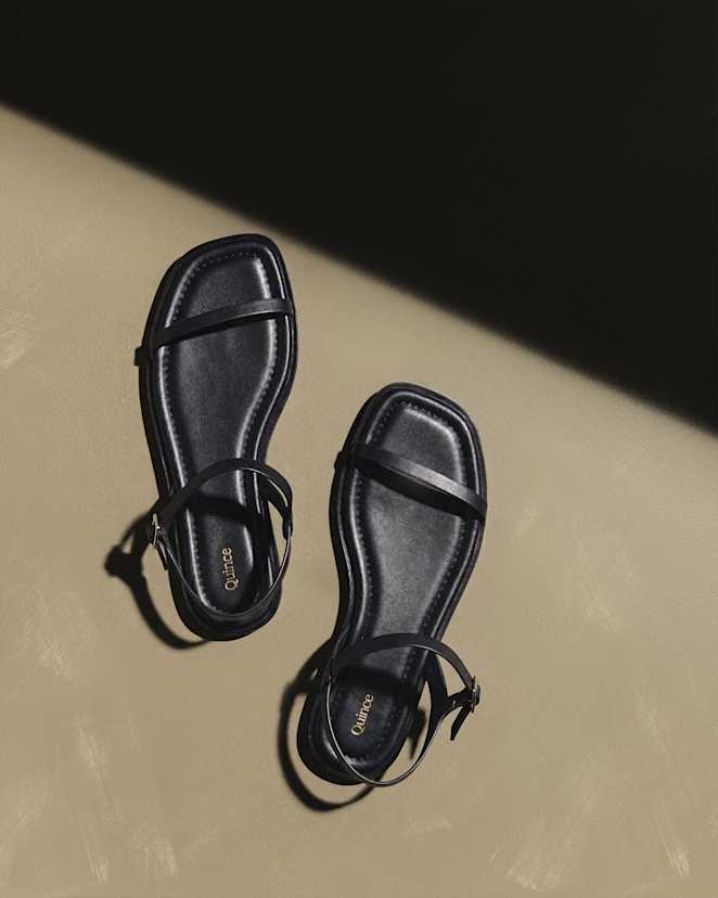 Black Italian Leather Ankle Strap Flat Sandal