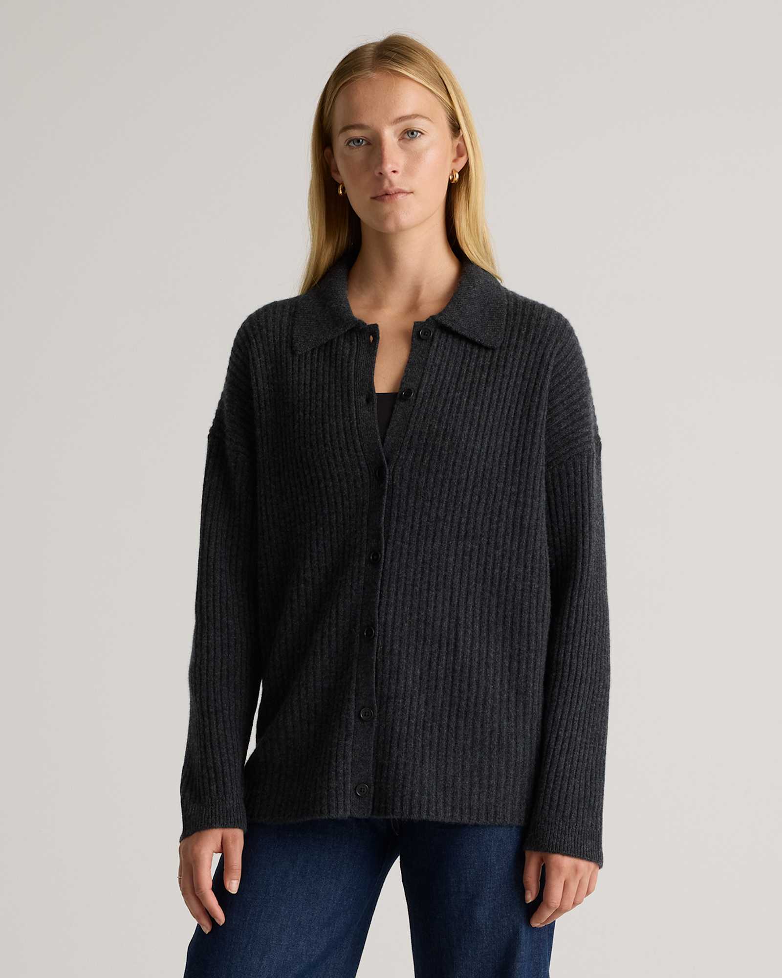 Heather Charcoal Mongolian Cashmere Wide-Rib Oversized Collared Cardigan