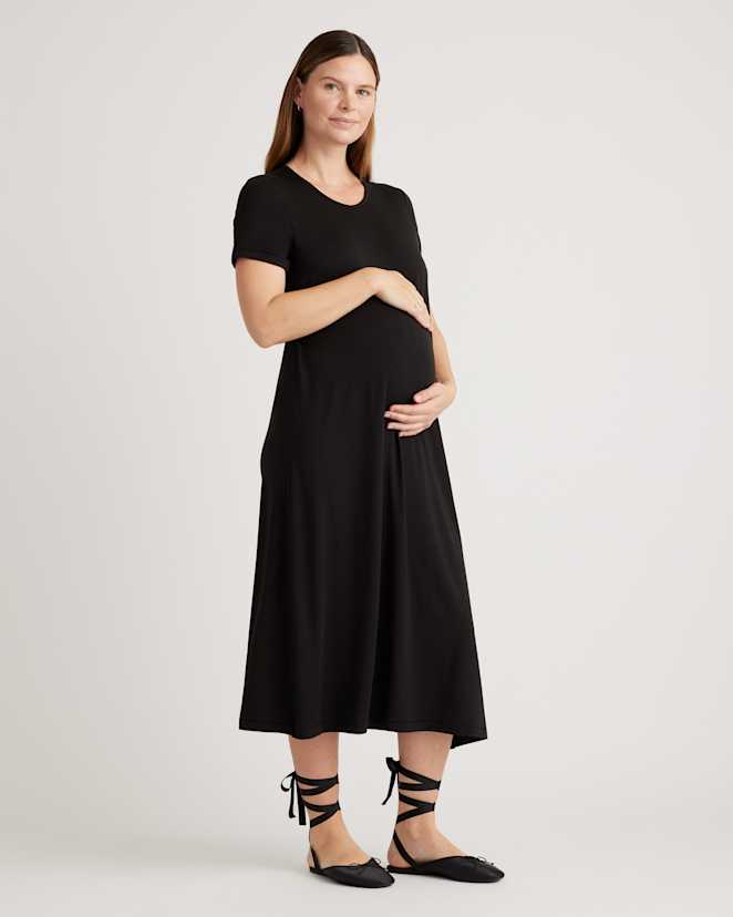 Black Bamboo Jersey Maternity & Nursing T-Shirt Dress