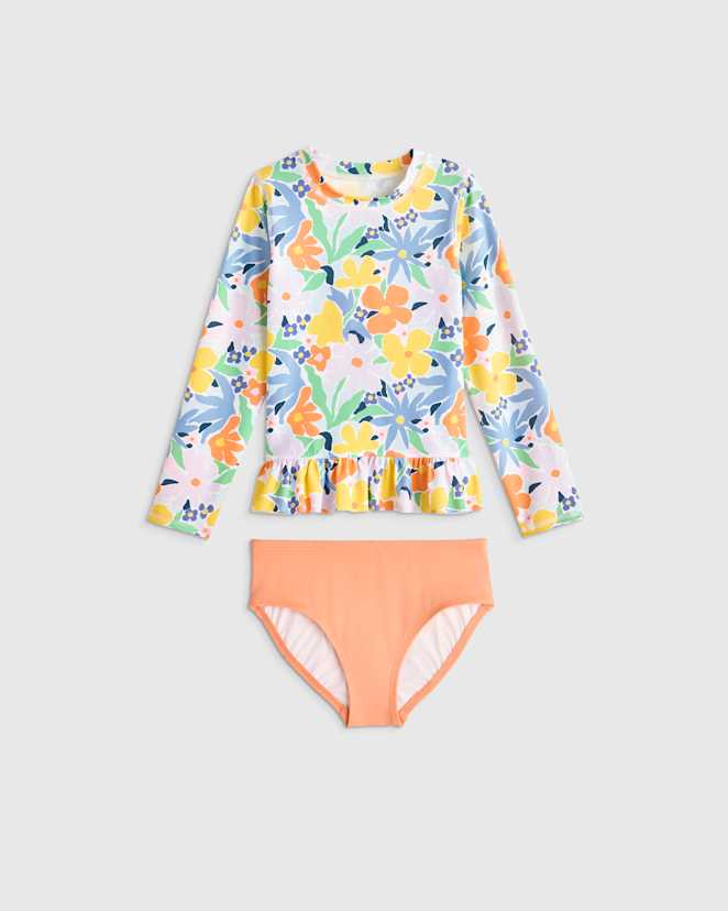 Poolside Floral Long Sleeve Ruffle Rash Guard Two-Piece Swimsuit
