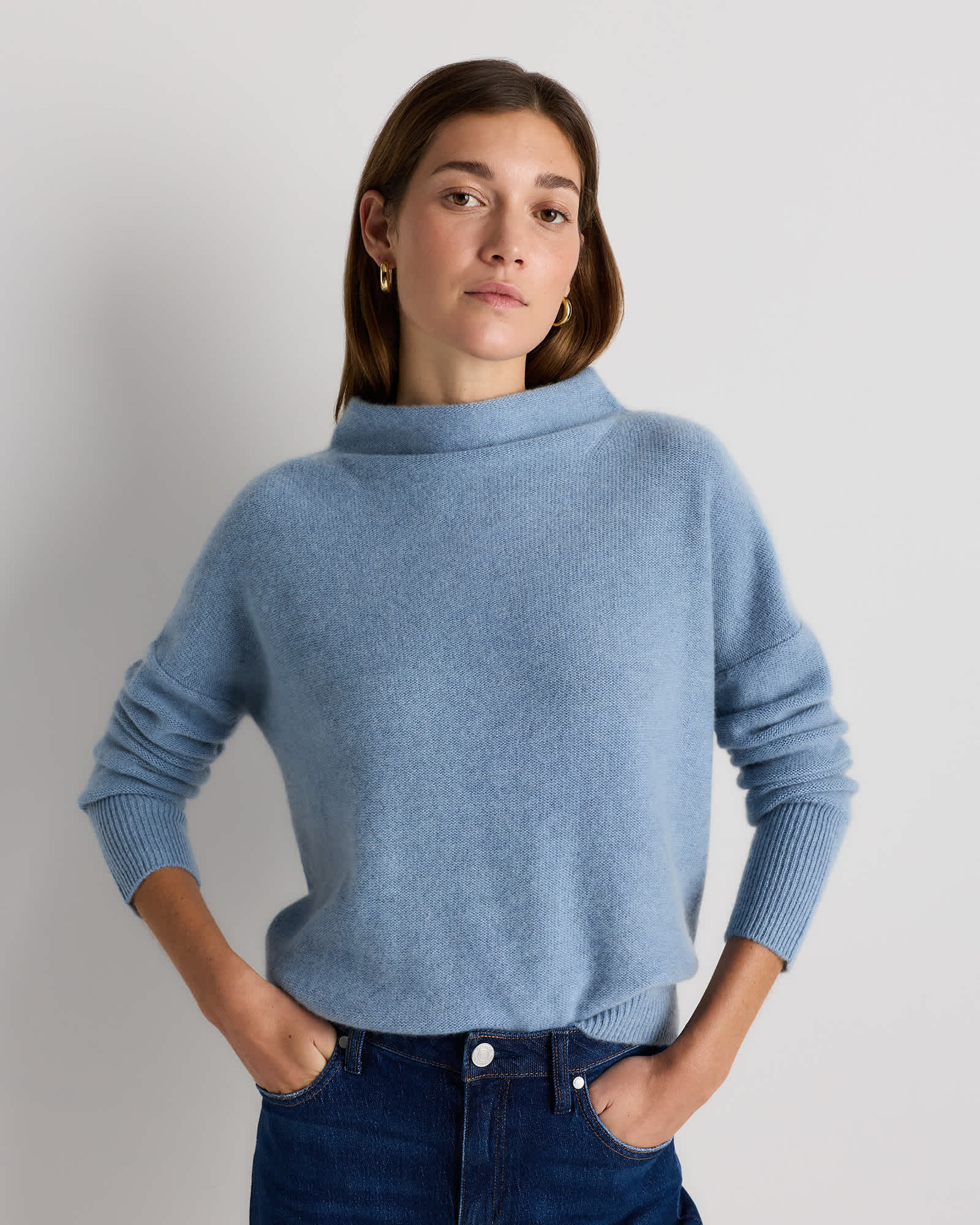 Faded Denim Mongolian Cashmere Funnel Neck Sweater